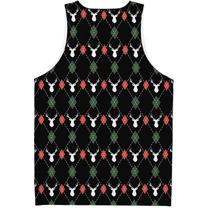 Christmas Deer Argyle Pattern Print Men's Tank Top