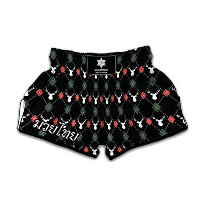 Christmas Deer Argyle Pattern Print Muay Thai Boxing Shorts