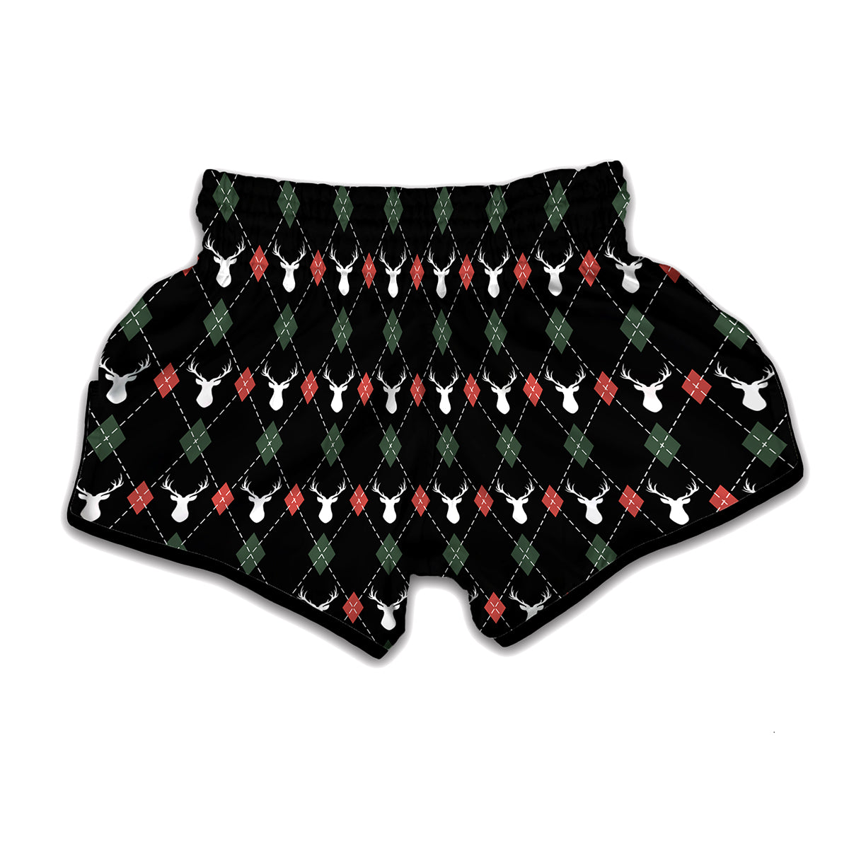 Christmas Deer Argyle Pattern Print Muay Thai Boxing Shorts