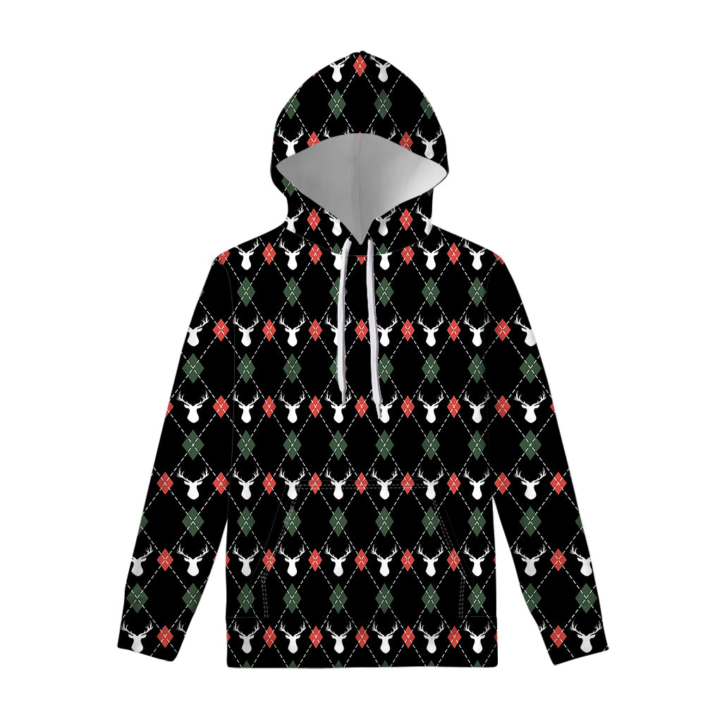 Christmas Deer Argyle Pattern Print Pullover Hoodie