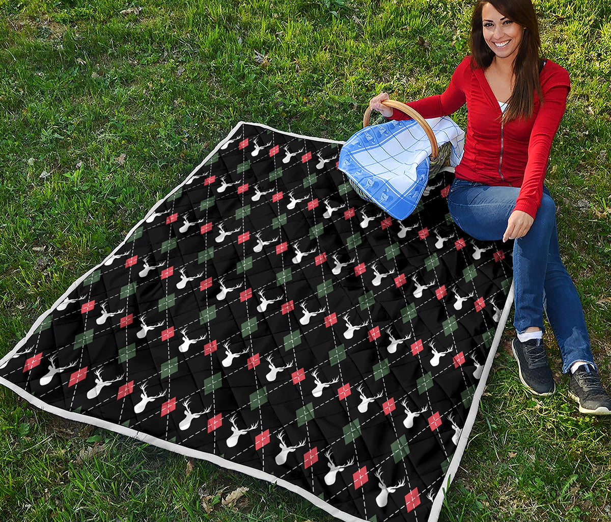 Christmas Deer Argyle Pattern Print Quilt