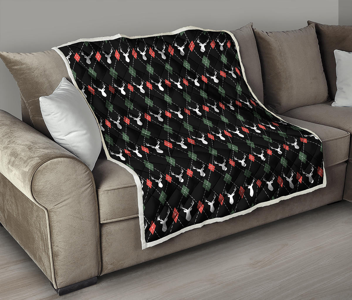 Christmas Deer Argyle Pattern Print Quilt