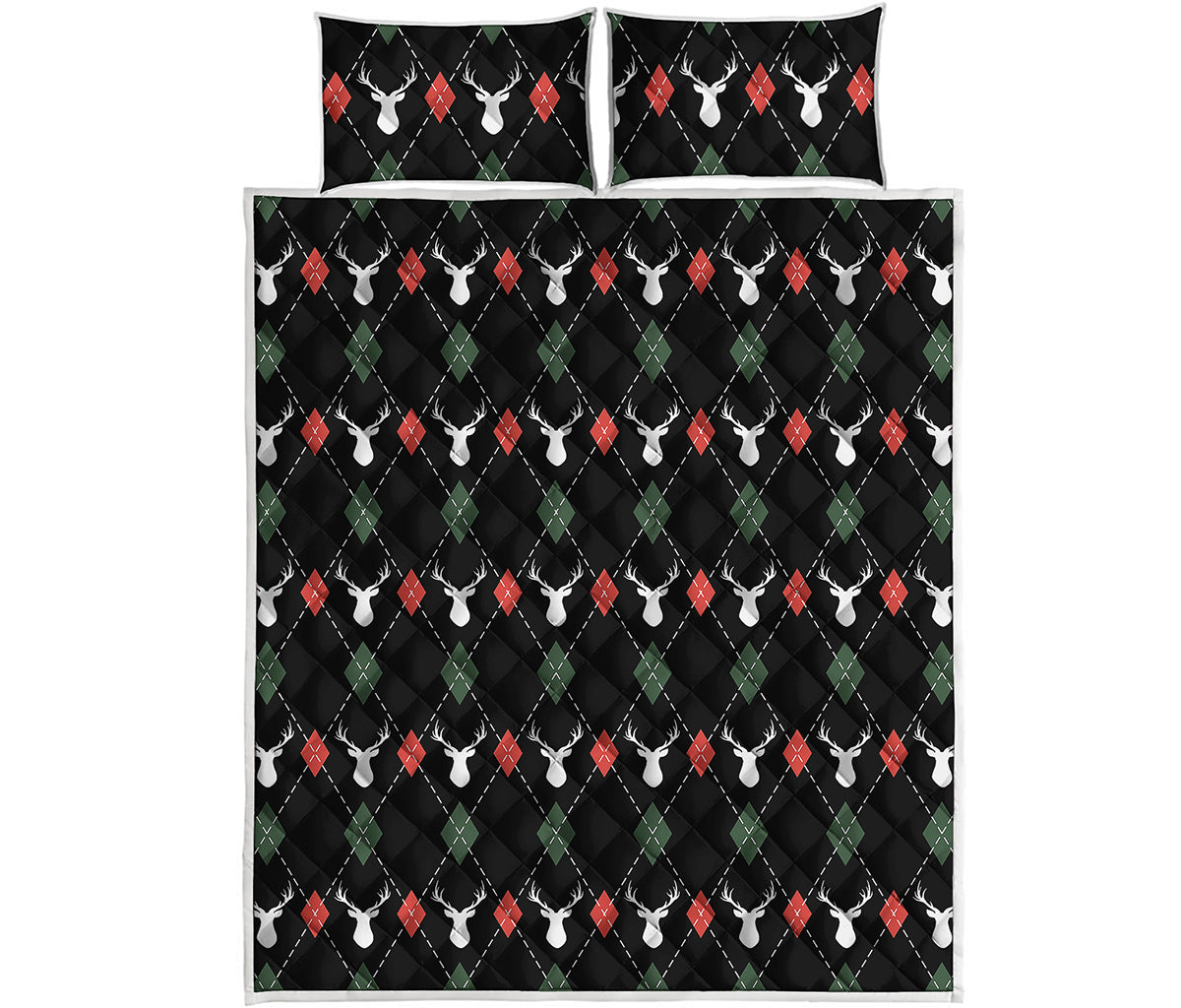 Christmas Deer Argyle Pattern Print Quilt Bed Set