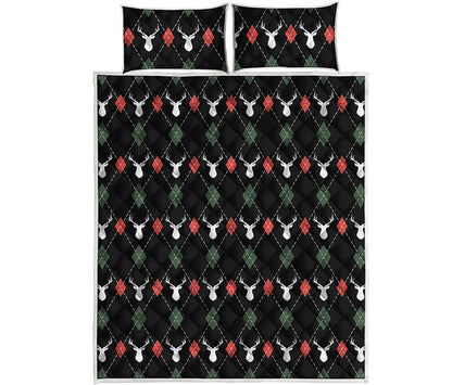 Christmas Deer Argyle Pattern Print Quilt Bed Set