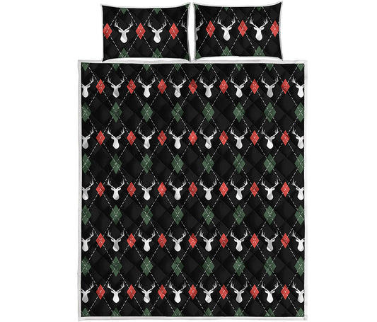 Christmas Deer Argyle Pattern Print Quilt Bed Set