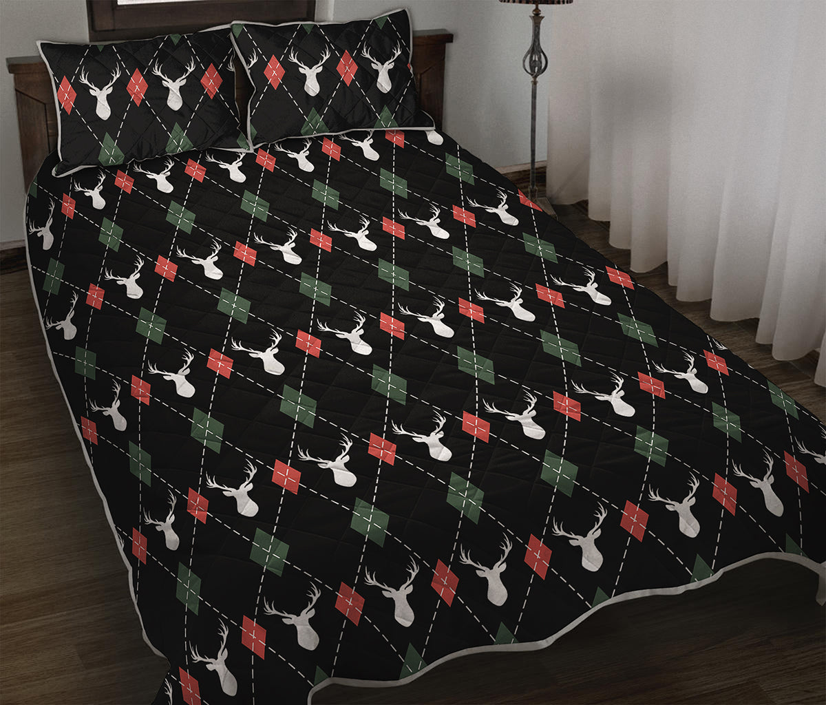 Christmas Deer Argyle Pattern Print Quilt Bed Set