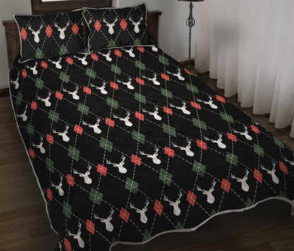 Christmas Deer Argyle Pattern Print Quilt Bed Set