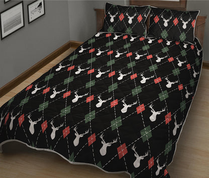 Christmas Deer Argyle Pattern Print Quilt Bed Set