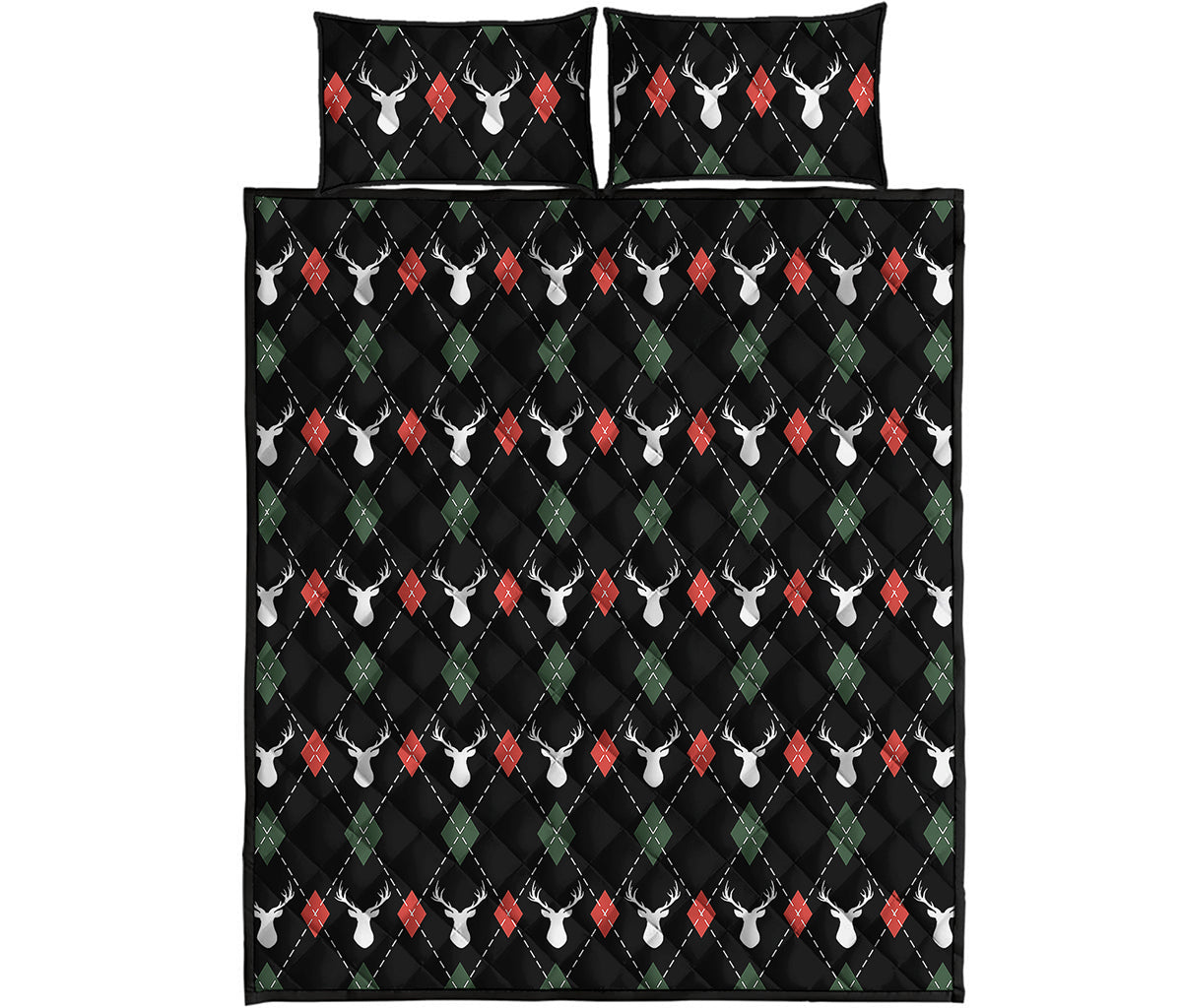 Christmas Deer Argyle Pattern Print Quilt Bed Set
