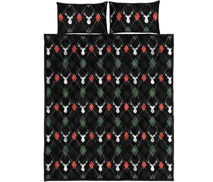 Christmas Deer Argyle Pattern Print Quilt Bed Set