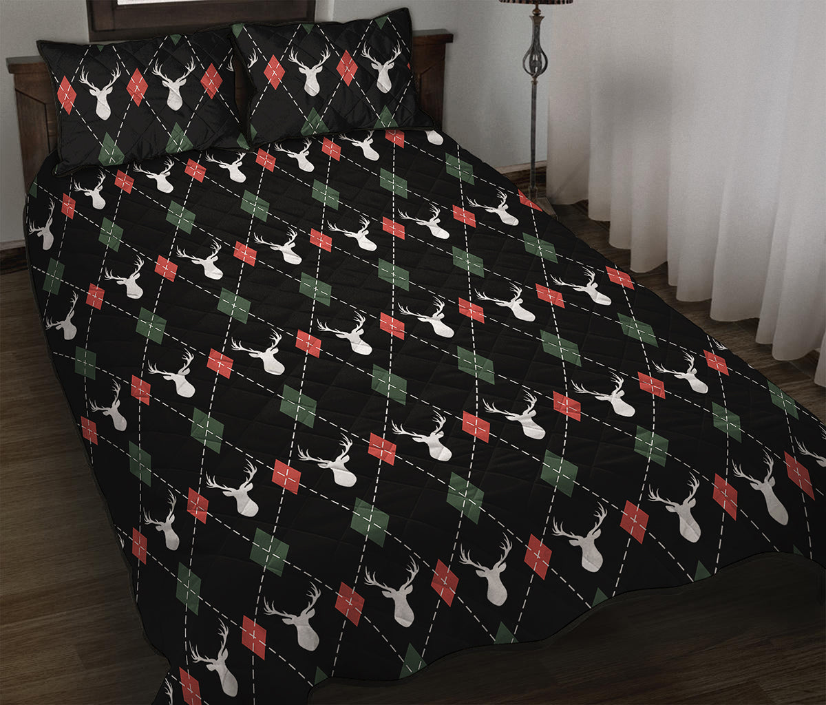 Christmas Deer Argyle Pattern Print Quilt Bed Set
