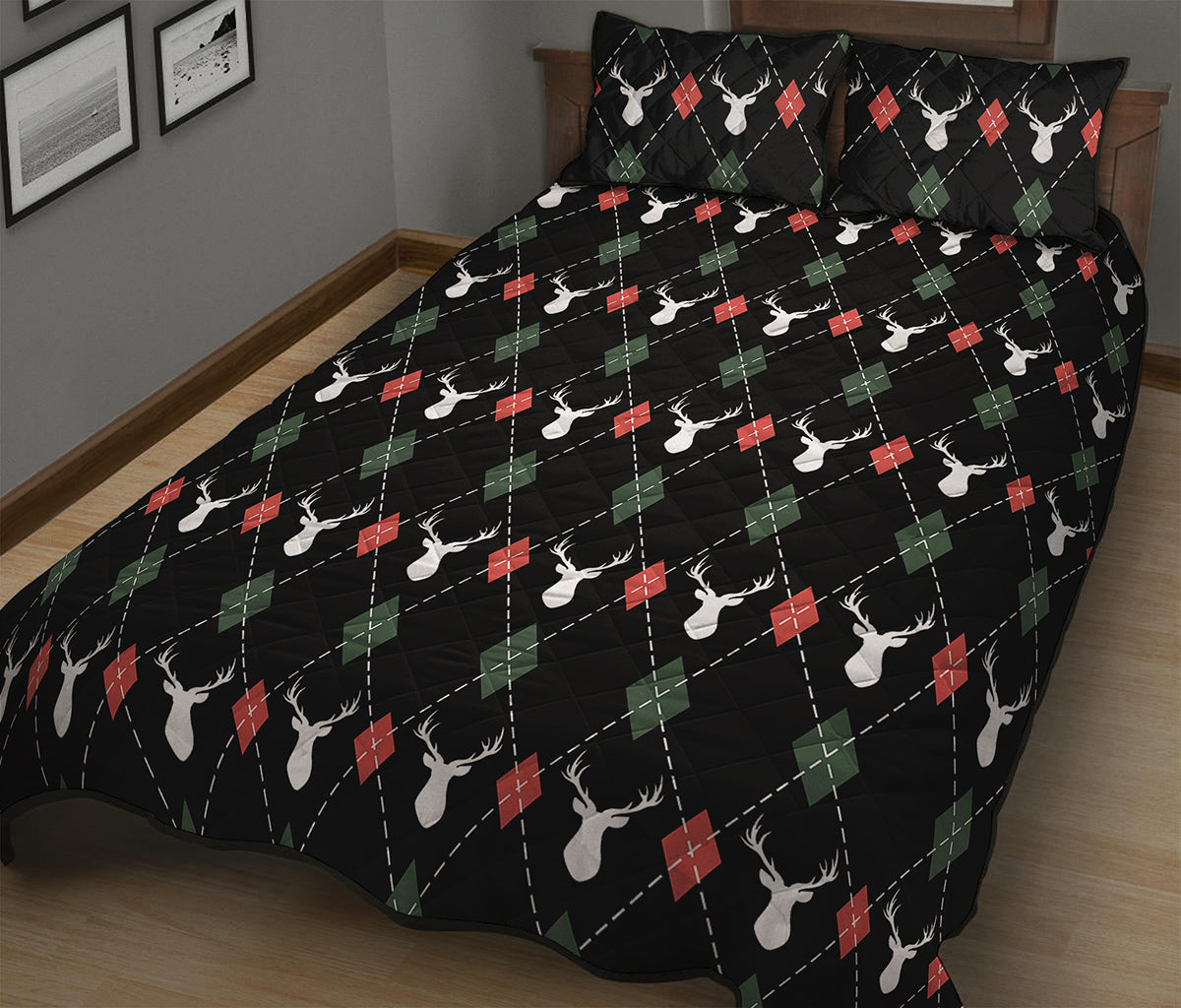 Christmas Deer Argyle Pattern Print Quilt Bed Set