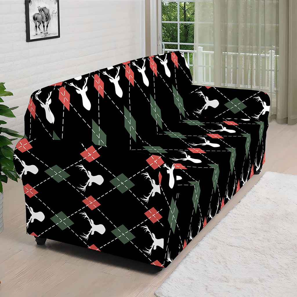 Christmas Deer Argyle Pattern Print Sofa Cover