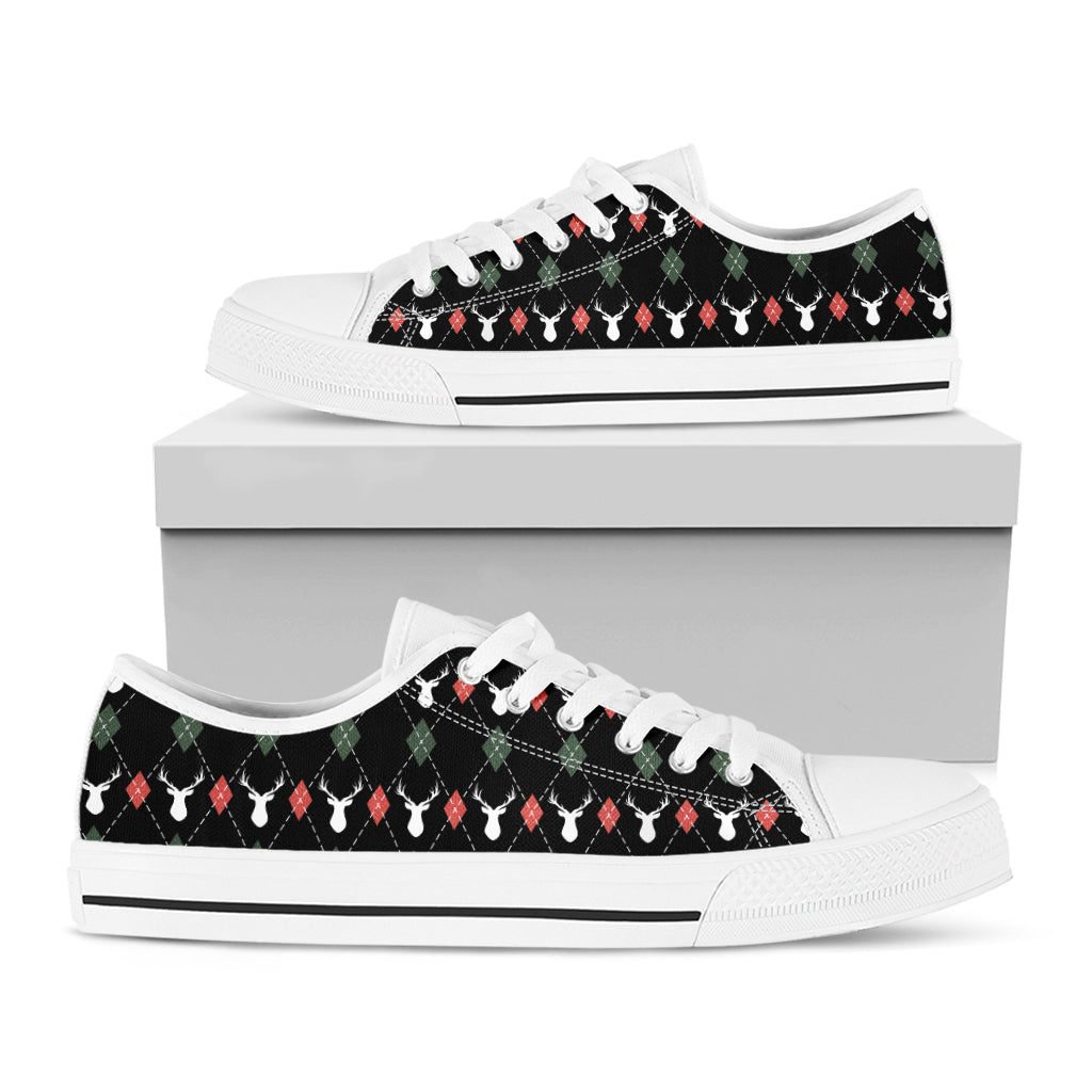 Christmas Deer Argyle Pattern Print White Low Top Shoes