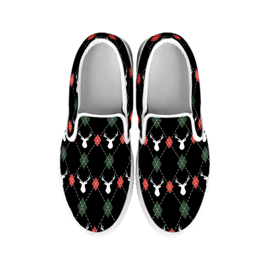 Christmas Deer Argyle Pattern Print White Slip On Shoes