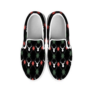 Christmas Deer Argyle Pattern Print White Slip On Shoes