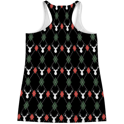 Christmas Deer Argyle Pattern Print Women's Racerback Tank Top