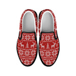 Christmas Deer Knitted Pattern Print Black Slip On Shoes