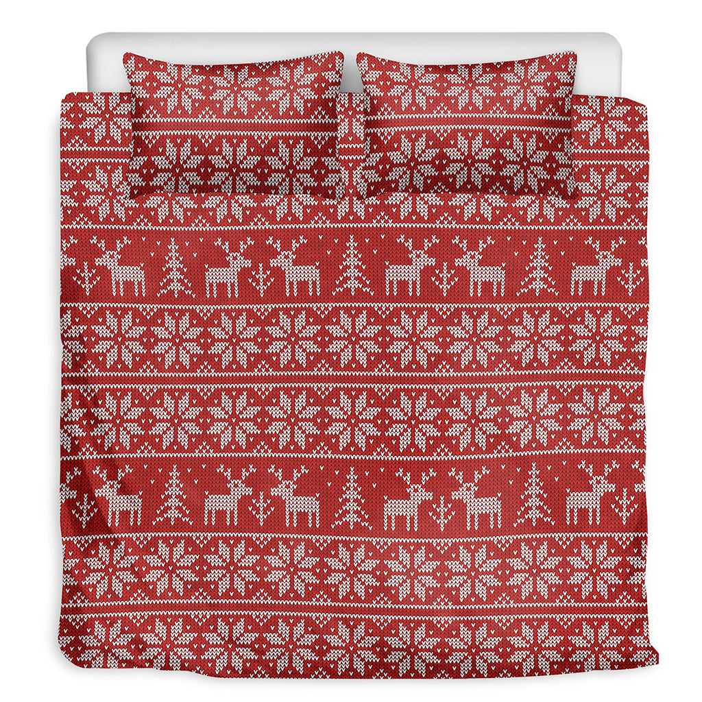 Christmas Deer Knitted Pattern Print Duvet Cover Bedding Set