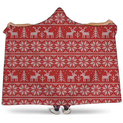 Christmas Deer Knitted Pattern Print Hooded Blanket
