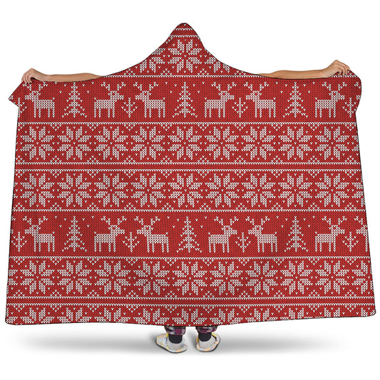 Christmas Deer Knitted Pattern Print Hooded Blanket