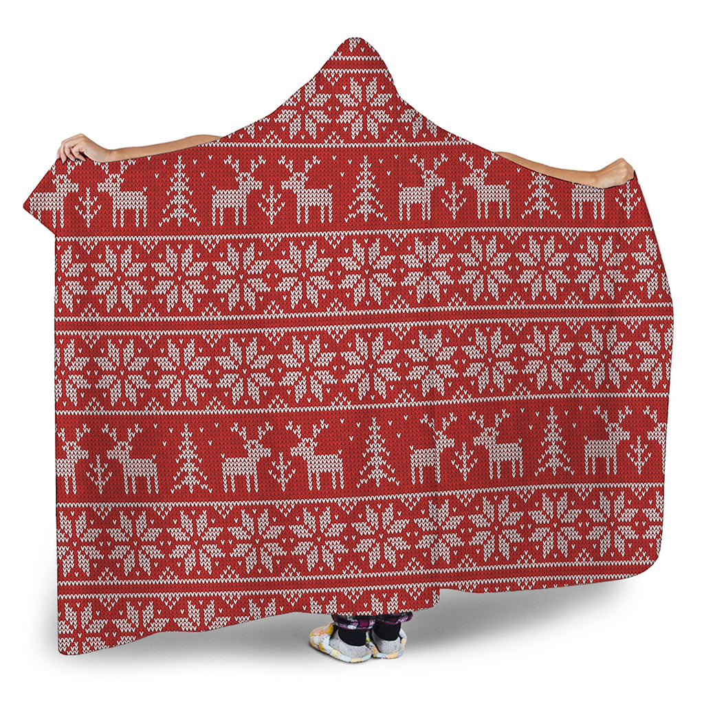 Christmas Deer Knitted Pattern Print Hooded Blanket