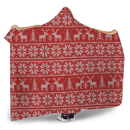 Christmas Deer Knitted Pattern Print Hooded Blanket