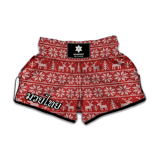 Christmas Deer Knitted Pattern Print Muay Thai Boxing Shorts