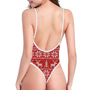 Christmas Deer Knitted Pattern Print One Piece High Cut Swimsuit