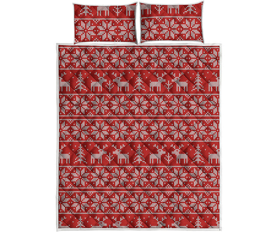 Christmas Deer Knitted Pattern Print Quilt Bed Set