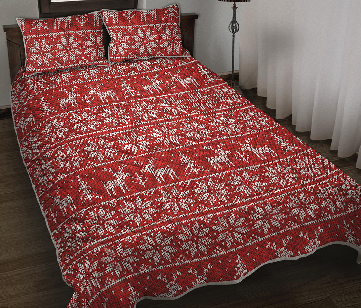 Christmas Deer Knitted Pattern Print Quilt Bed Set