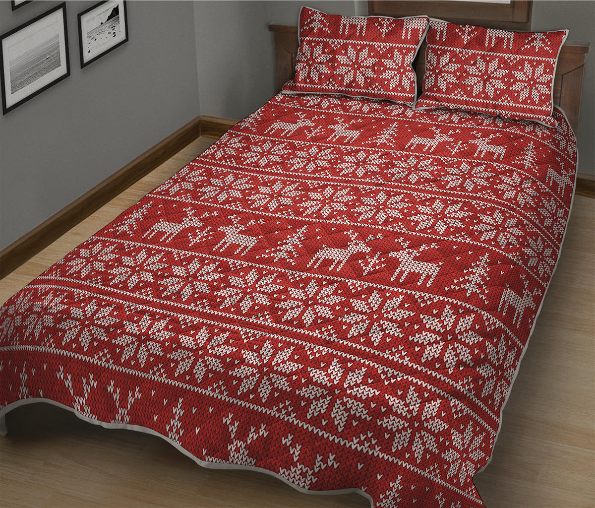 Christmas Deer Knitted Pattern Print Quilt Bed Set