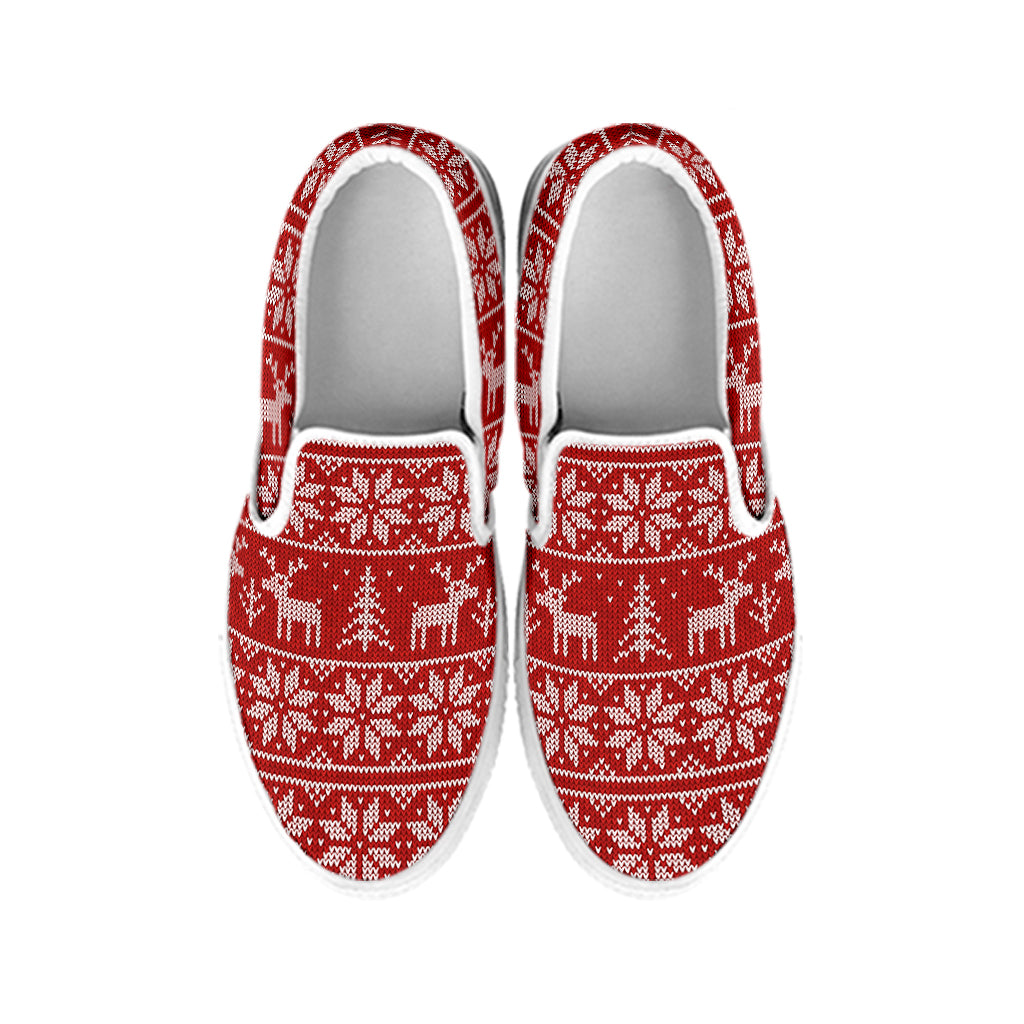 Christmas Deer Knitted Pattern Print White Slip On Shoes