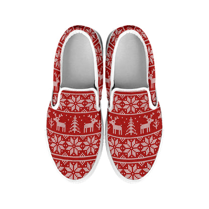 Christmas Deer Knitted Pattern Print White Slip On Shoes