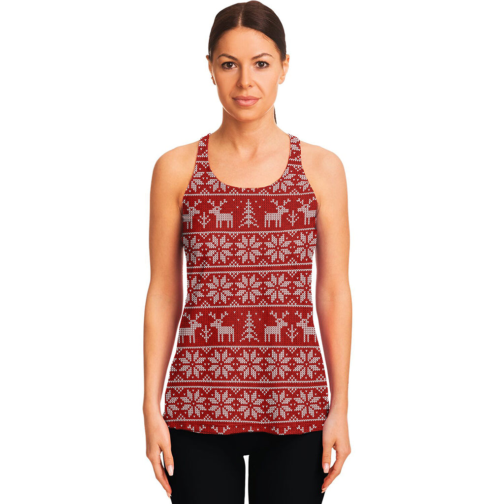 Christmas Deer Knitted Pattern Print Women's Racerback Tank Top