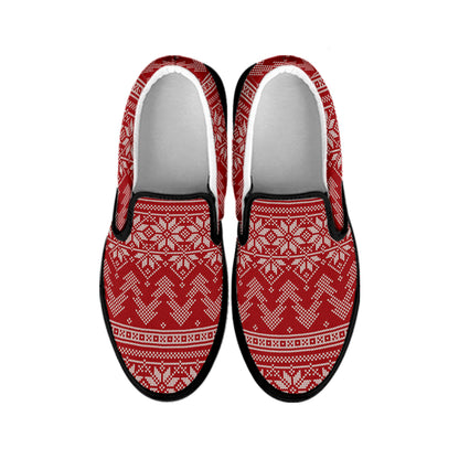 Christmas Festive Knitted Pattern Print Black Slip On Shoes