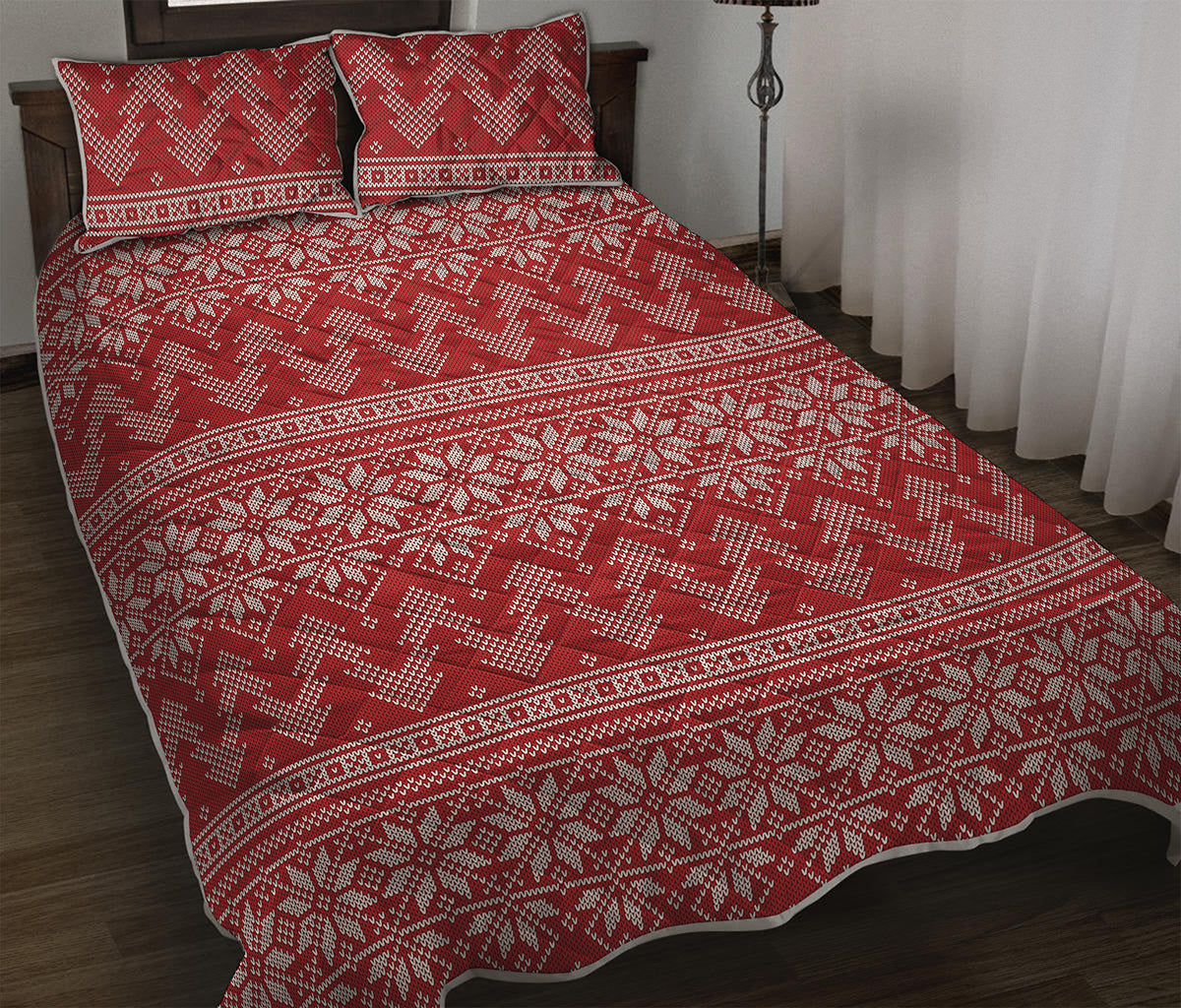 Christmas Festive Knitted Pattern Print Quilt Bed Set