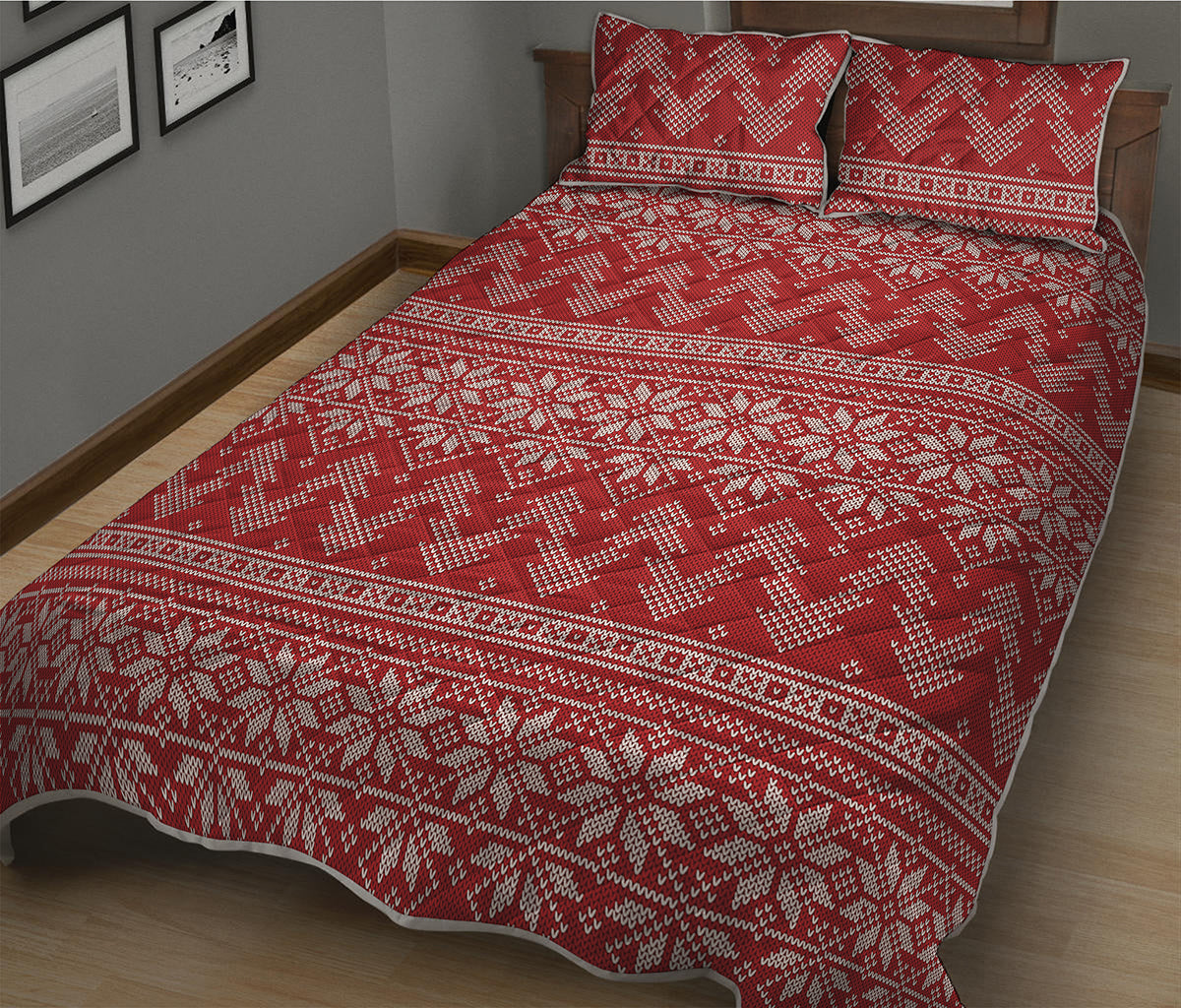 Christmas Festive Knitted Pattern Print Quilt Bed Set