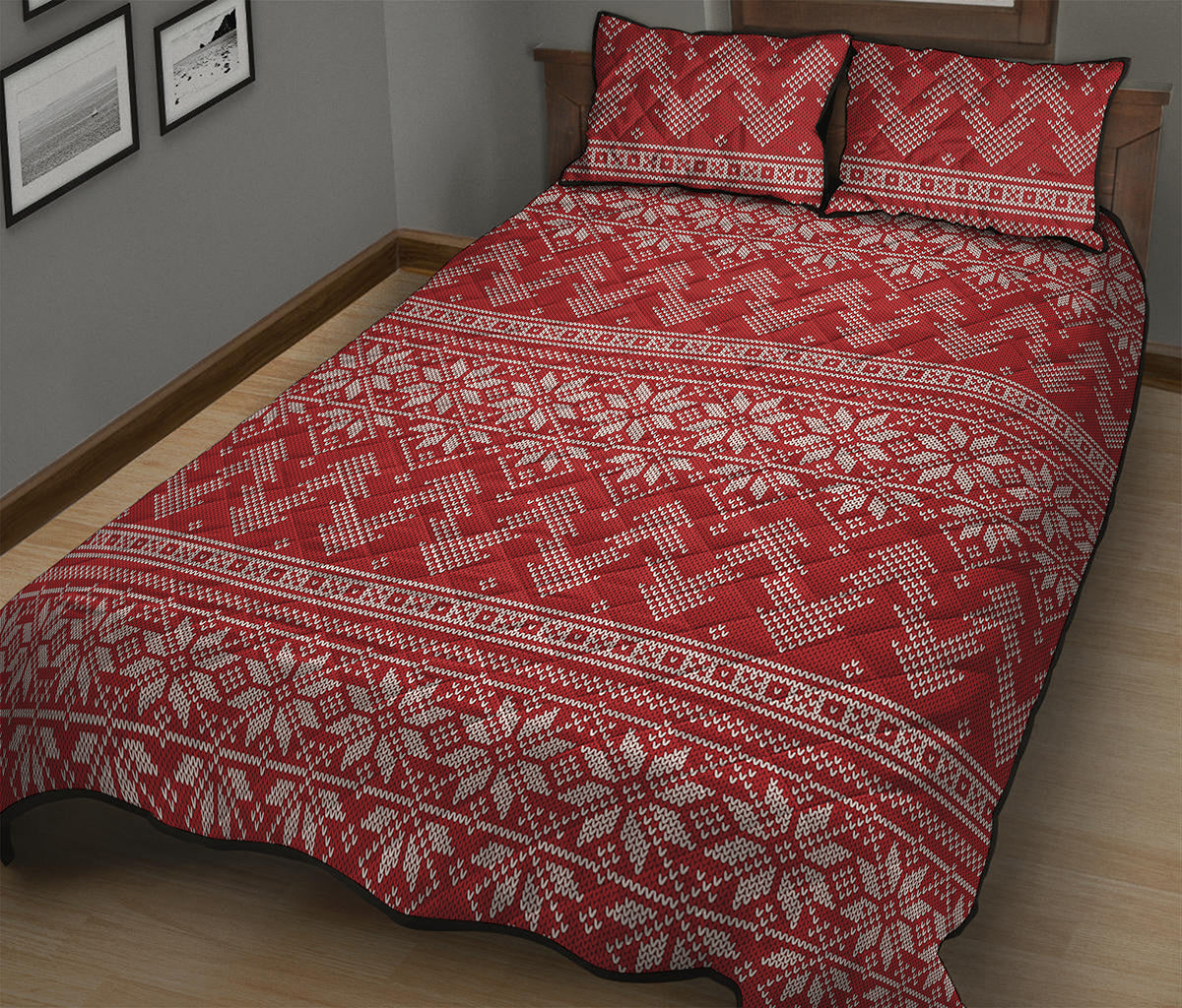 Christmas Festive Knitted Pattern Print Quilt Bed Set