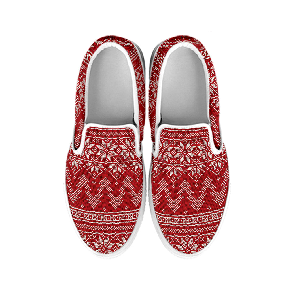 Christmas Festive Knitted Pattern Print White Slip On Shoes