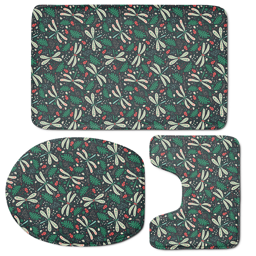 Christmas Floral Dragonfly Pattern Print 3 Piece Bath Mat Set
