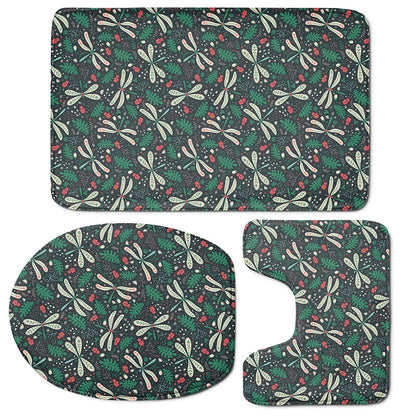 Christmas Floral Dragonfly Pattern Print 3 Piece Bath Mat Set
