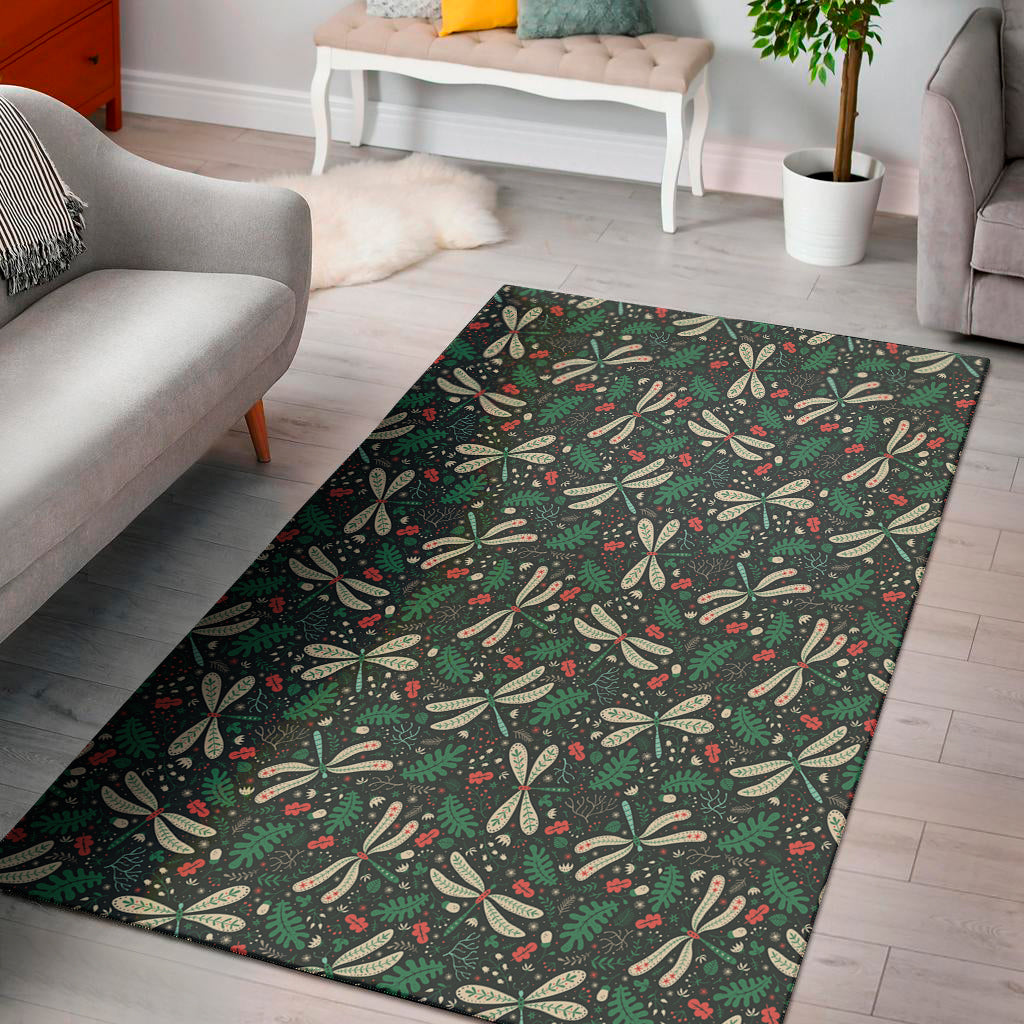 Christmas Floral Dragonfly Pattern Print Area Rug