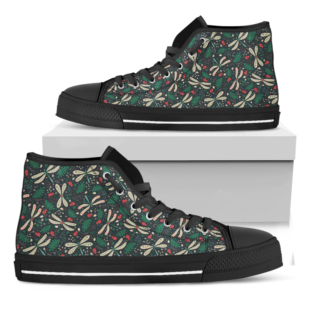 Christmas Floral Dragonfly Pattern Print Black High Top Shoes