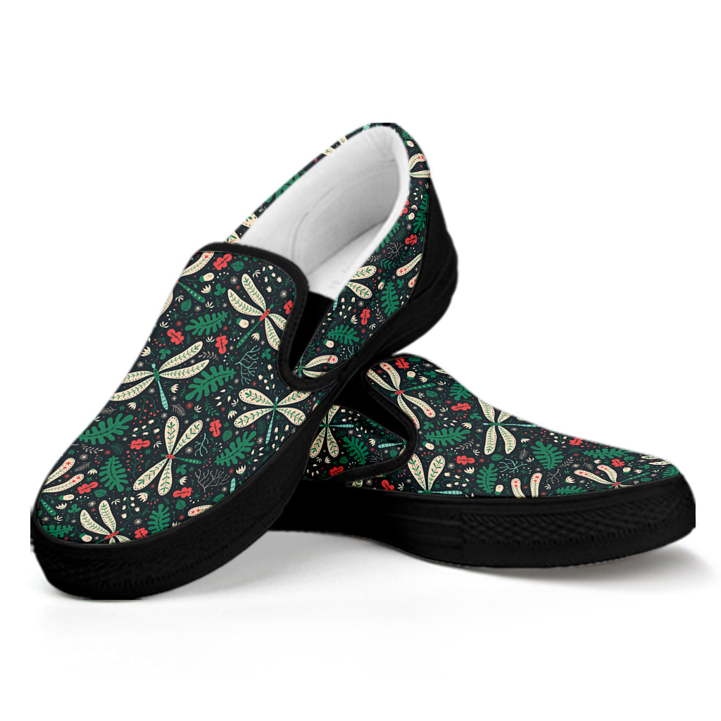 Christmas Floral Dragonfly Pattern Print Black Slip On Shoes