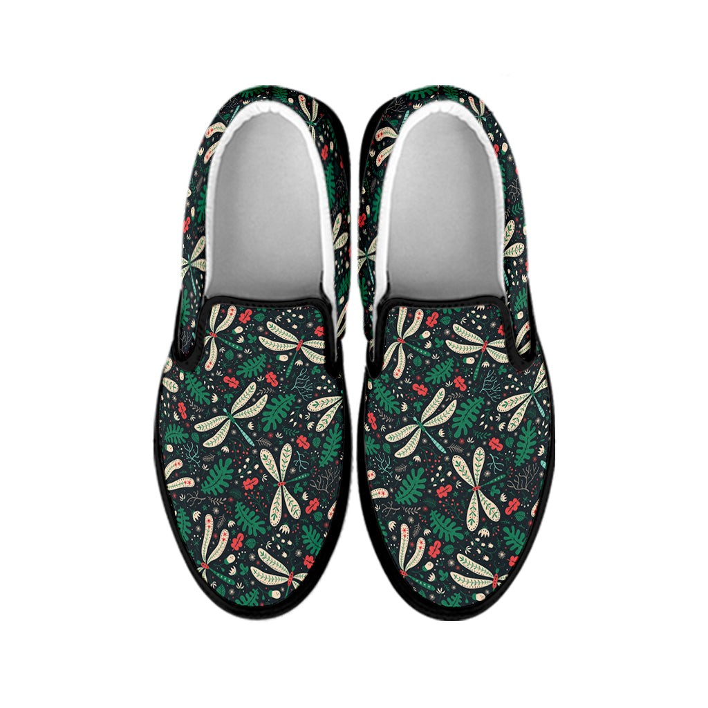 Christmas Floral Dragonfly Pattern Print Black Slip On Shoes