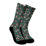 Christmas Floral Dragonfly Pattern Print Crew Socks