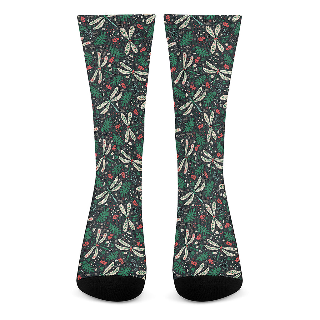 Christmas Floral Dragonfly Pattern Print Crew Socks