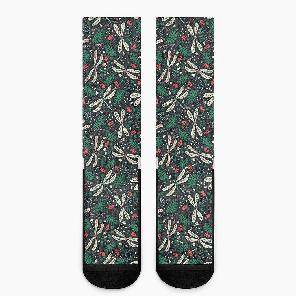 Christmas Floral Dragonfly Pattern Print Crew Socks