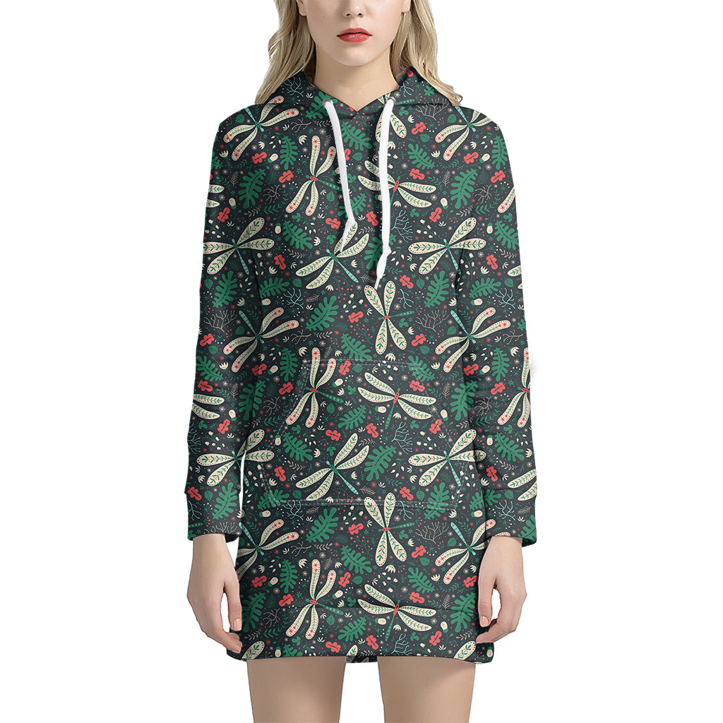 Christmas Floral Dragonfly Pattern Print Hoodie Dress